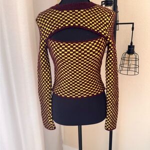 ZARA Jacquard Knit Checkered Cutout Sweater Women’s Size Small Long Sleeve